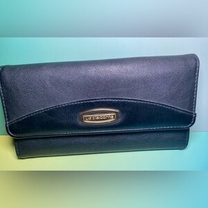 Liz Claiborne LC Black Leather Coin/Card Trifold Wallet Snap Closure Check Book